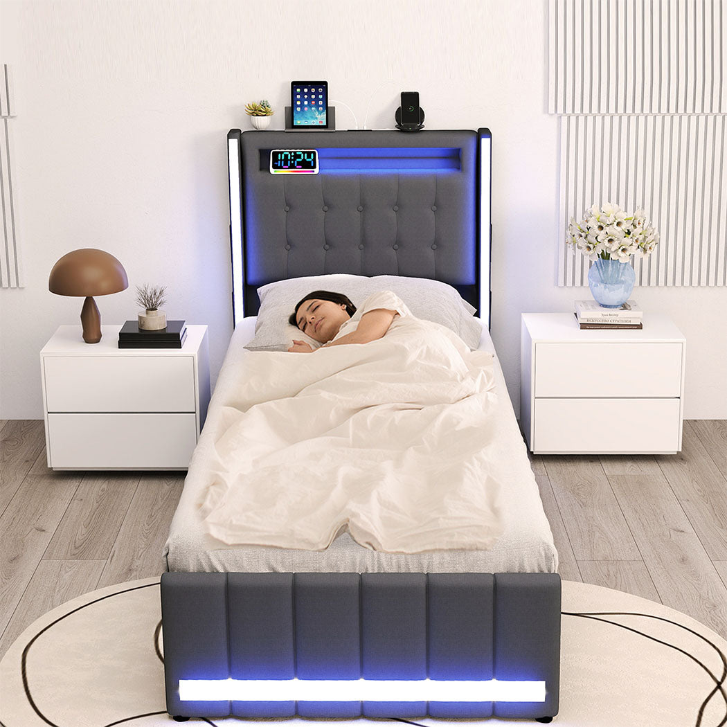 Levede Single Bed Frame Fabric Storage Drawer LED USB-1973194180901605383