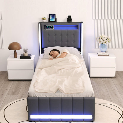 Levede Single Bed Frame Fabric Storage Drawer LED USB-1973194180901605383