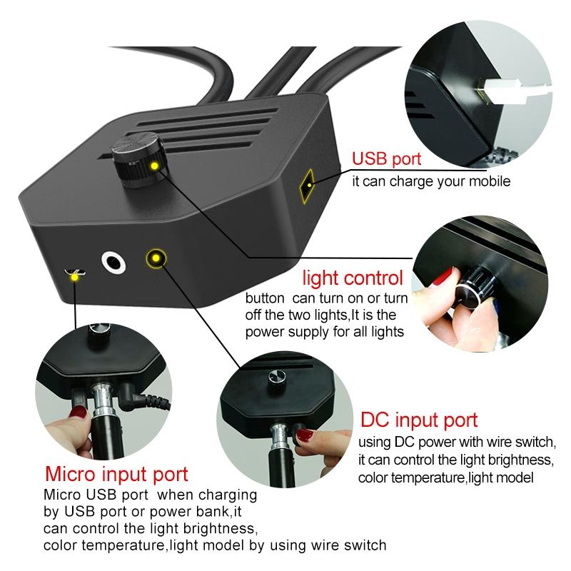 Portable Double Arm Fill Light With Phone Clip - Adjustable Brightness Black-1964932166118936584