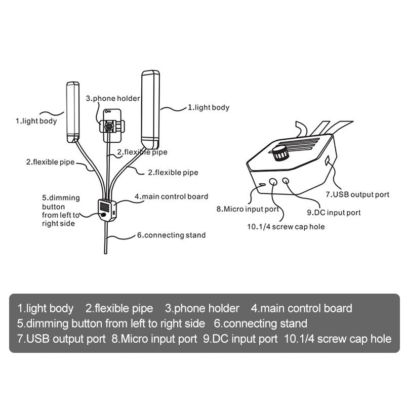 Portable Double Arm Fill Light With Phone Clip - Adjustable Brightness Black-1964932166118936585