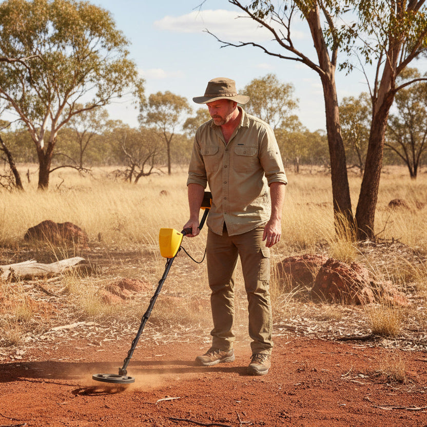 Metal detector with yellow and black design on a white background