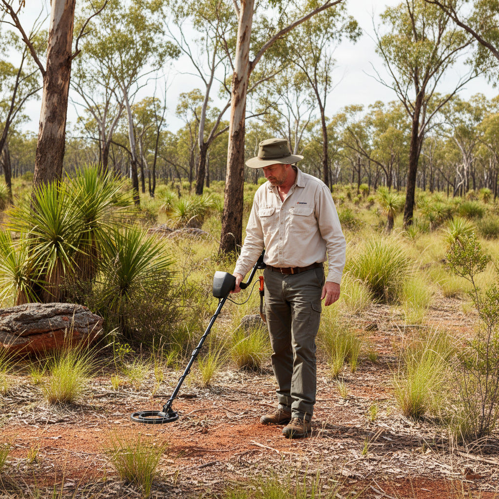 Black metal detector on a white background