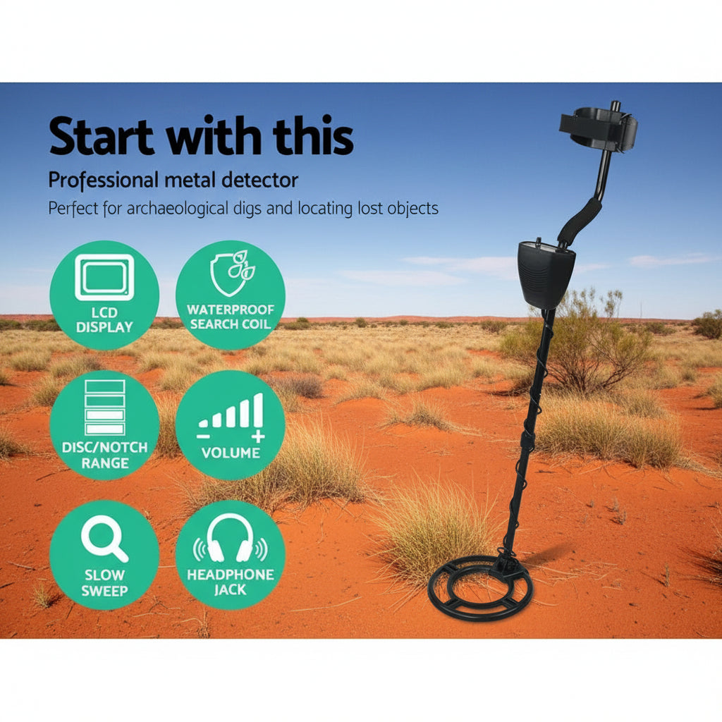 Metal Detector – 220mm Deep Sensitive Waterproof Treasure Hunter with LCD Screen and Headphones (Black)