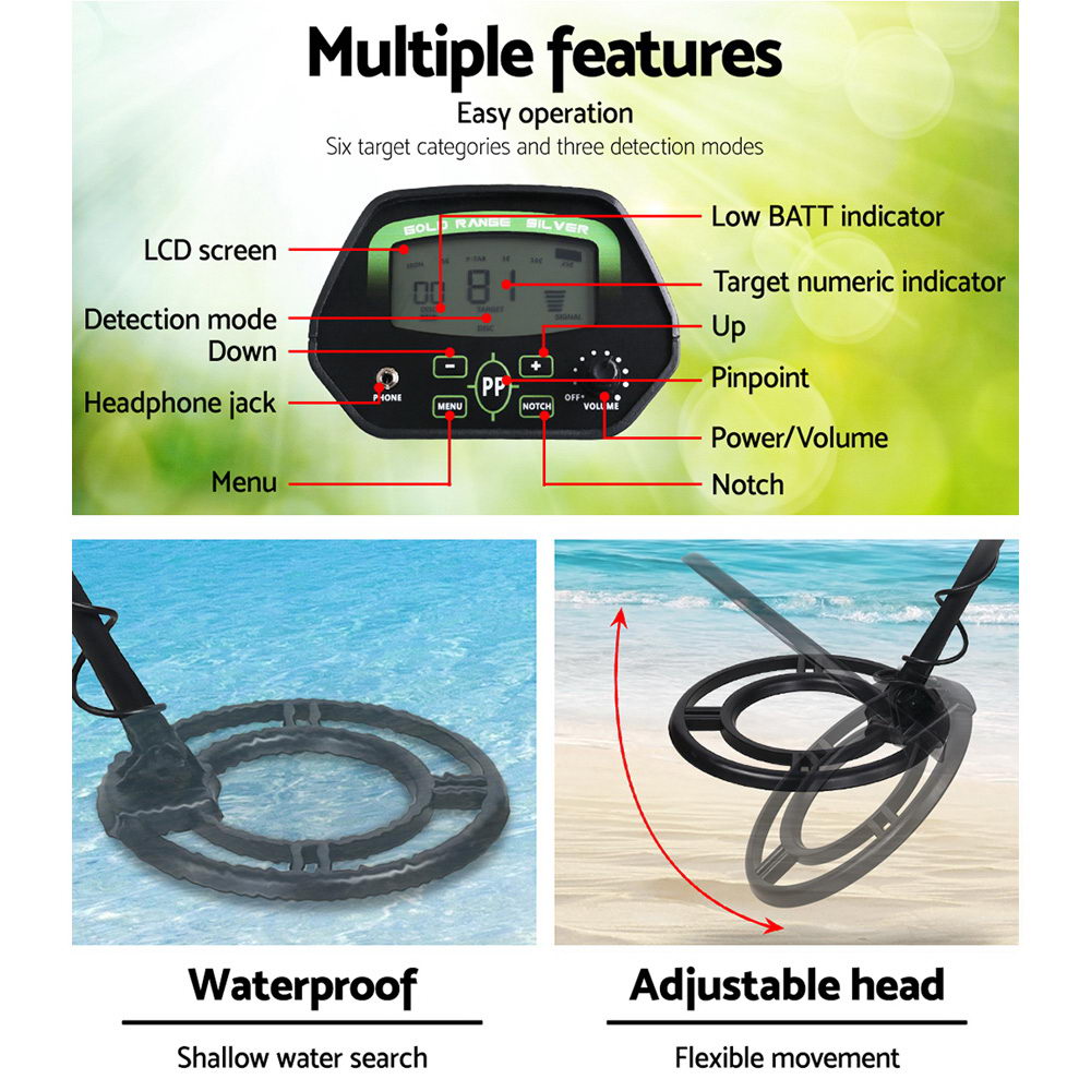 Metal Detector – 220mm Deep Sensitive Waterproof Treasure Hunter with LCD Screen and Headphones (Black)
