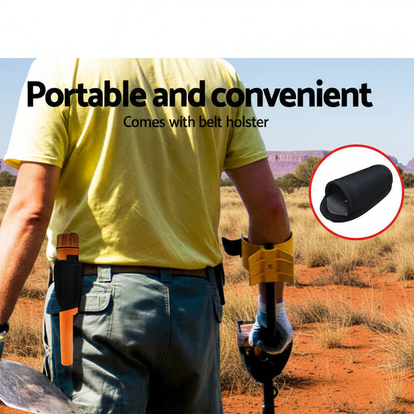 Person in a yellow shirt holding tools with text 'Portable and convenient' and 'Comes with belt holster' in a desert setting.