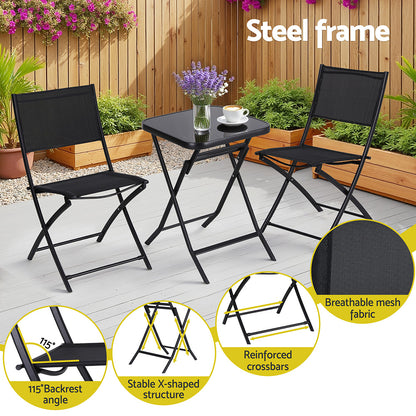 Gardeon Outdoor Bistro Set Folding Table and Chairs Patio Furniture Garden Steel Black