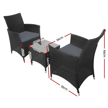 Gardeon 3PC Outdoor Bistro Set Patio Furniture Wicker Setting Chairs Table Cushion Black