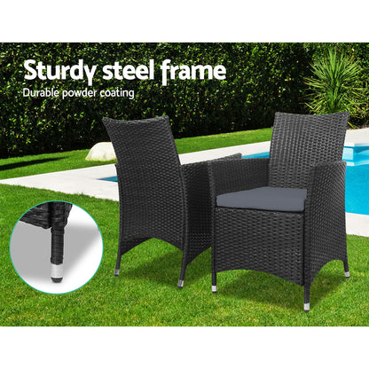 Gardeon 3PC Outdoor Bistro Set Patio Furniture Wicker Setting Chairs Table Cushion Black