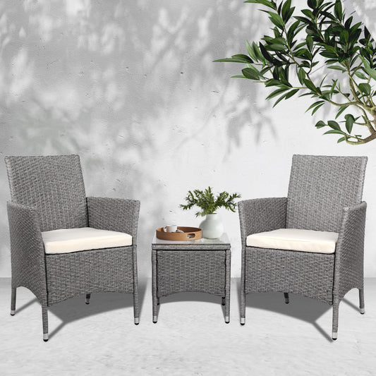 Gardeon 3PC Outdoor Bistro Set Patio Furniture Wicker Setting Chairs Table Cushion Grey