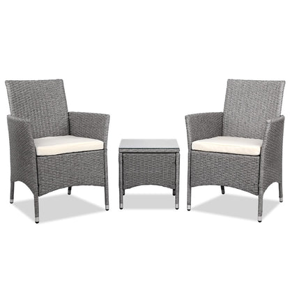 Gardeon 3PC Outdoor Bistro Set Patio Furniture Wicker Setting Chairs Table Cushion Grey
