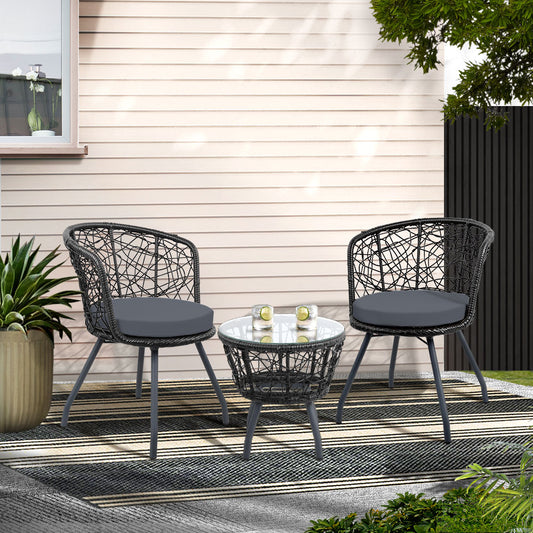 Gardeon 3PC Bistro Set Outdoor Furniture Rattan Table Chairs Patio Garden Cushion Black