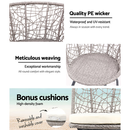 Gardeon 3PC Bistro Set Outdoor Furniture Rattan Table Chairs Patio Garden Cushion Grey