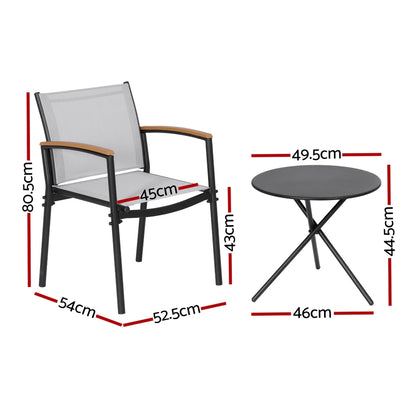 Gardeon 3PC Outdoor Bistro Set Table and Chairs Steel Dining Chair Patio Furniture Textilene
