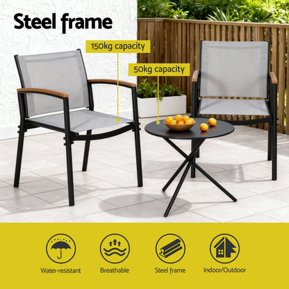 Gardeon 3PC Outdoor Bistro Set Table and Chairs Steel Dining Chair Patio Furniture Textilene