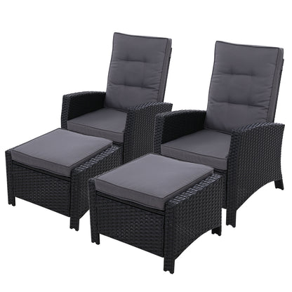 Gardeon 2PC Recliner Chairs Sun lounge Wicker Lounger Outdoor Furniture Adjustable Black