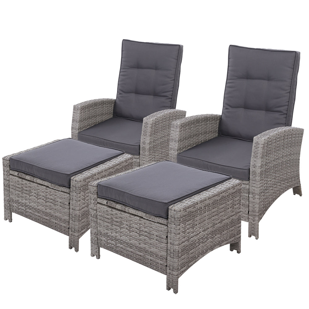 Gardeon 2PC Recliner Chairs Sun lounge Wicker Lounger Outdoor Furniture Adjustable Grey