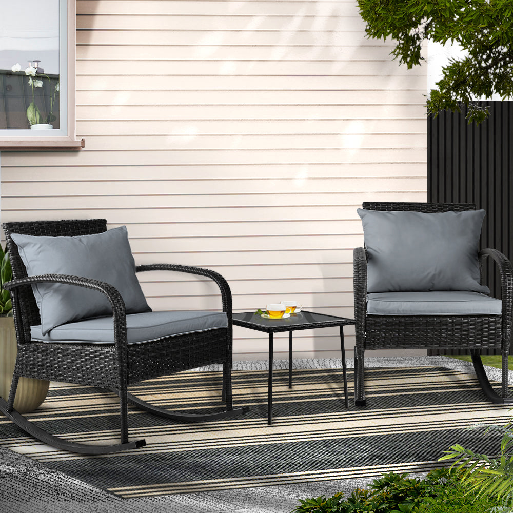 Gardeon 3PC Rocking Chair Table Wicker Outdoor Furniture Patio Bistro Set Black