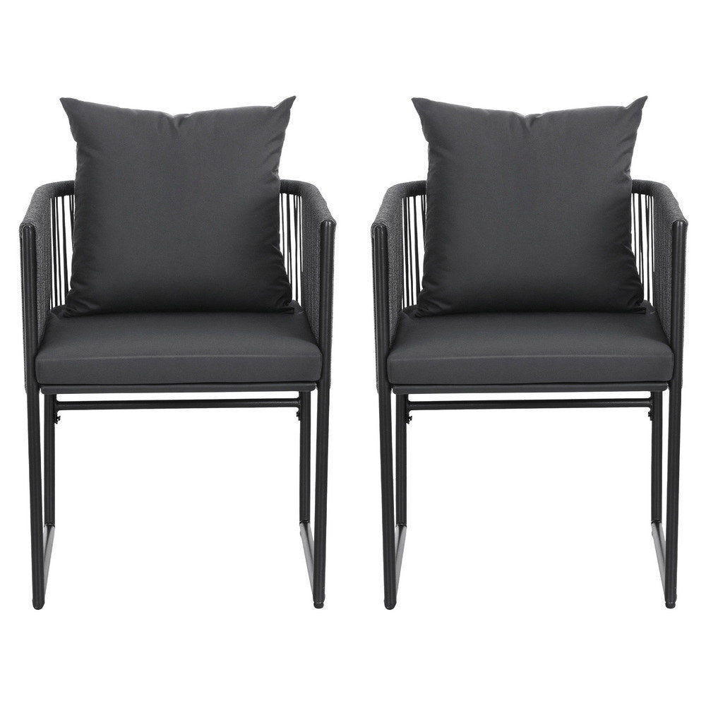 2PC Outdoor Dining Chairs | Woven Rope | Steel Frame | Patio and Garden Furniture | Grey Cushions