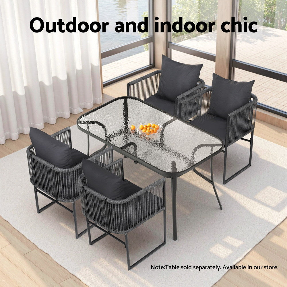 2PC Outdoor Dining Chairs | Woven Rope | Steel Frame | Patio and Garden Furniture | Grey Cushions