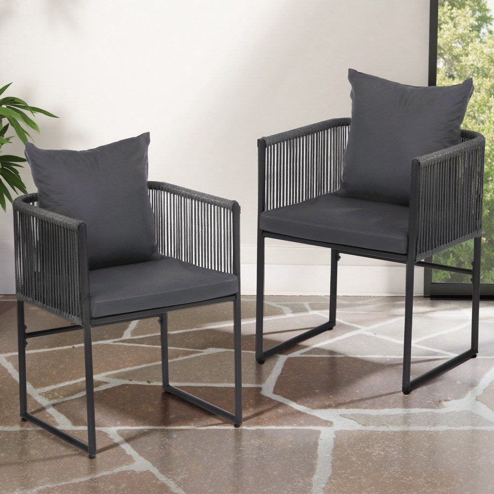 2PC Outdoor Dining Chairs | Woven Rope | Steel Frame | Patio and Garden Furniture | Grey Cushions