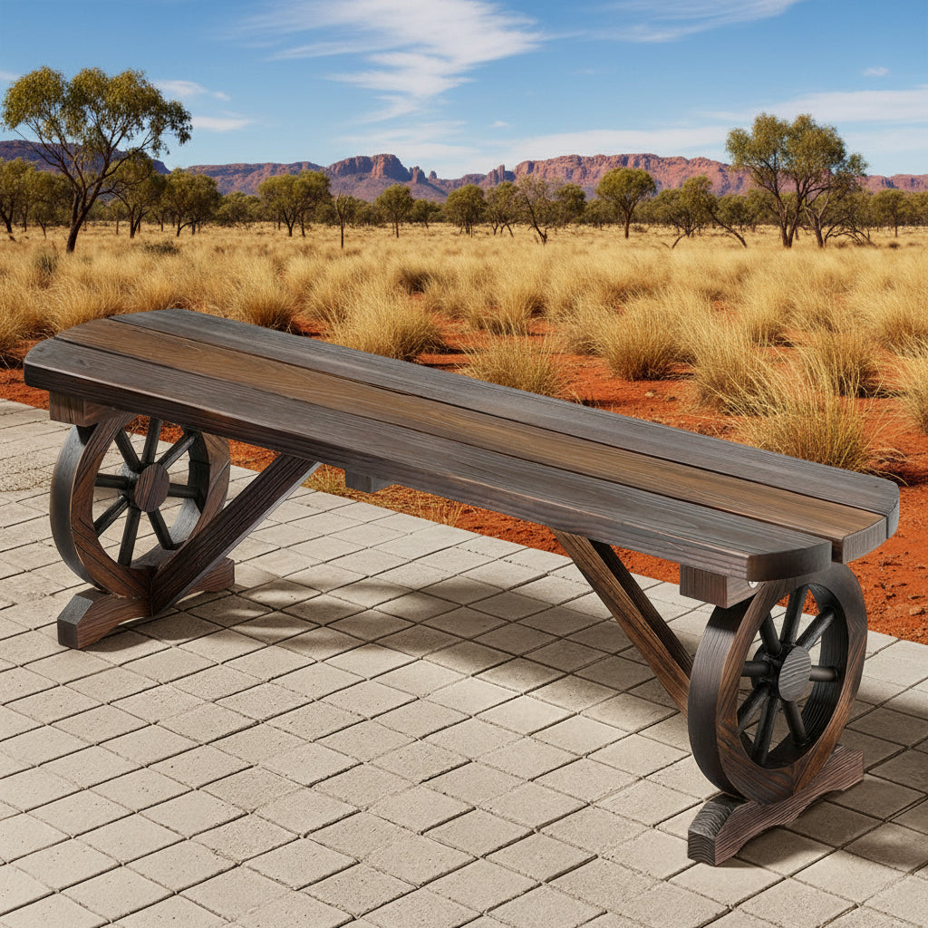 Wooden bench with wheel legs on a stone patio
