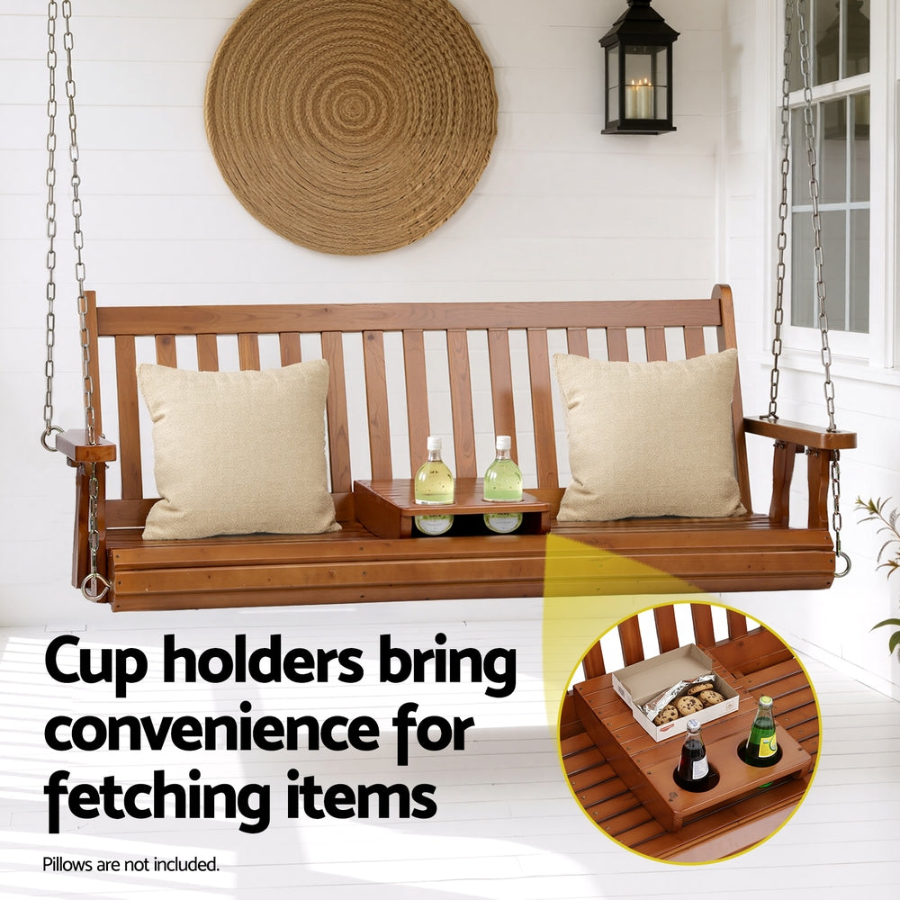 Gardeon Porch Swing Chair – Teak Elegance with Cup Holder Convenience