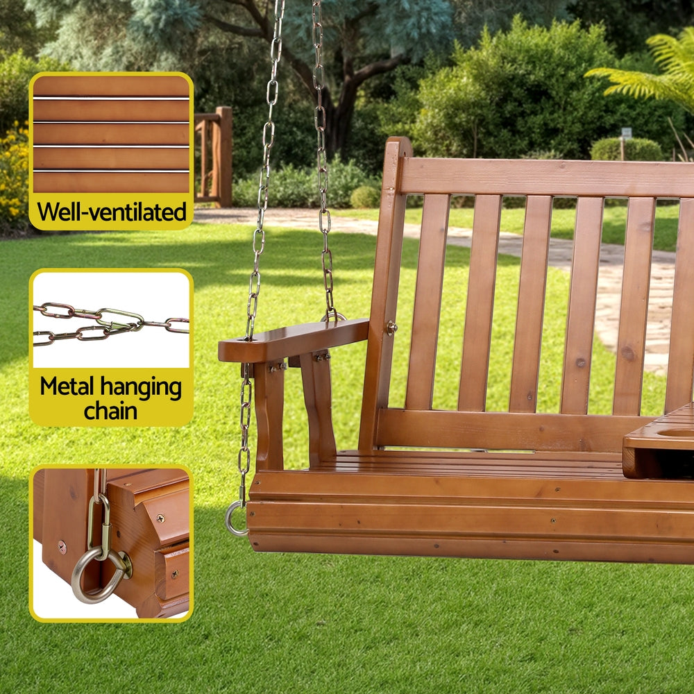 Gardeon Porch Swing Chair – Teak Elegance with Cup Holder Convenience
