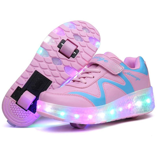 Rechargeable Double Wheel Roller Skating Shoes - Pink Size 28-1922443410963304449