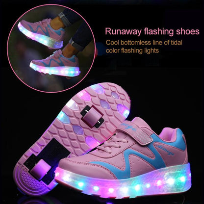Rechargeable Double Wheel Roller Skating Shoes - Pink Size 32-1915196540041957381