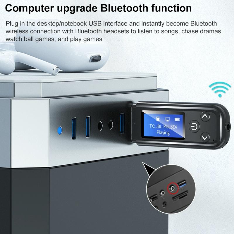 2-In-1 Usb Car Bluetooth 5.0 Audio Adapter With Lcd Screen-1969996439115403269