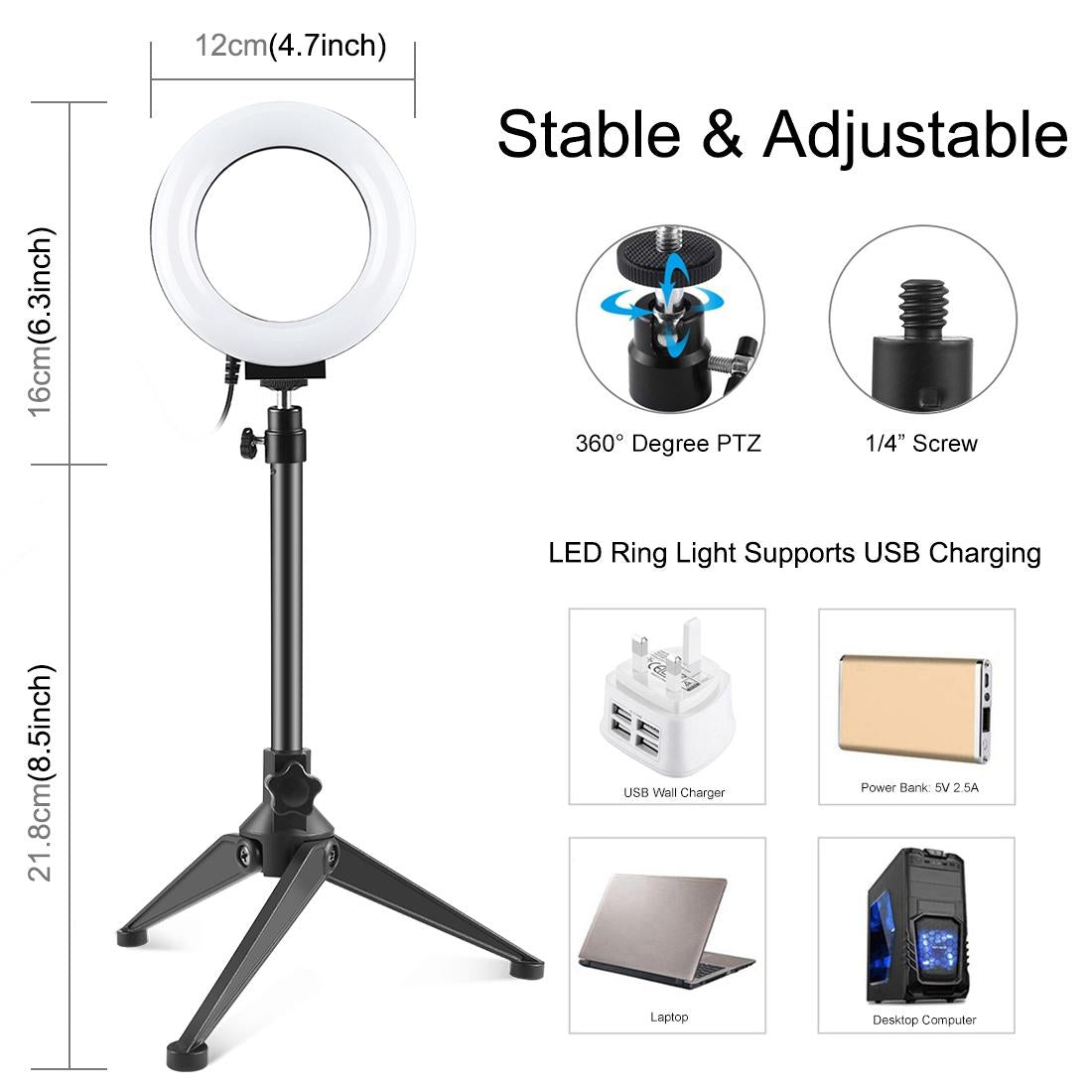 Usb 3 Modes Dimmable Led Ring Light With Tripod Holder And Cold Shoe Ball Head - 4.7 Inch Diameter-1915198024741687298