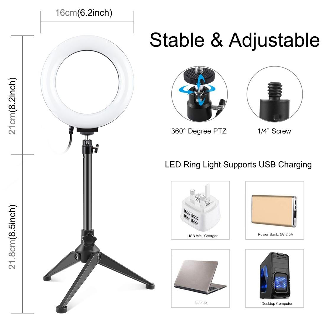 6.2 Usb Led Ring Light With 10 Modes & Desktop Tripod Mount - Black-1915196489039220739