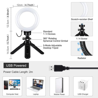 Usb 3 Modes Dimmable Led Ring Light & Pocket Tripod Kit With Cold Shoe Ball Head - 4.7 Inch Diameter-1915196489974550529