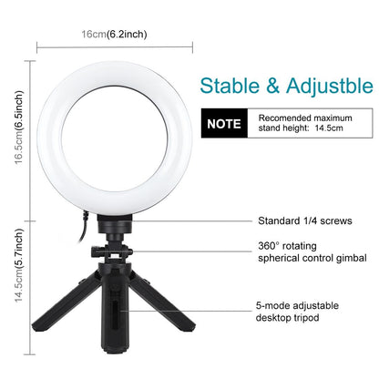 6.2 Led Ring Light With Usb 3 Modes Dimmable Vlogging Photography Video Pocket Tripod Mount Cold Shoe Ball Head Black-1915196506592382980
