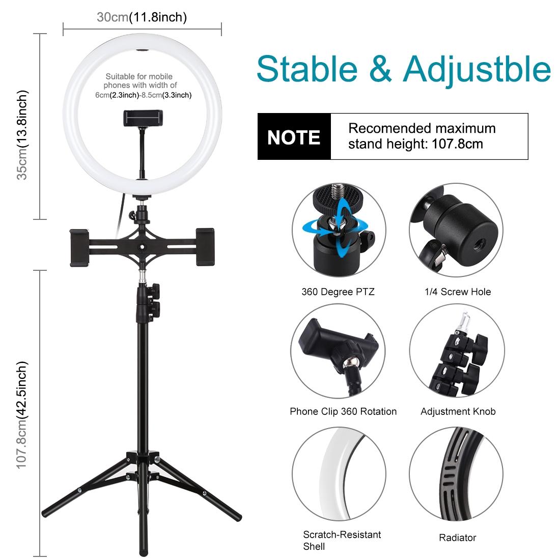 11.8 Led Ring Light With Tripod & Dual Phone Brackets - Usb 3 Modes Dual Colour Temperature - Vlogging & Live Broadcast Kit-1915196755700486148