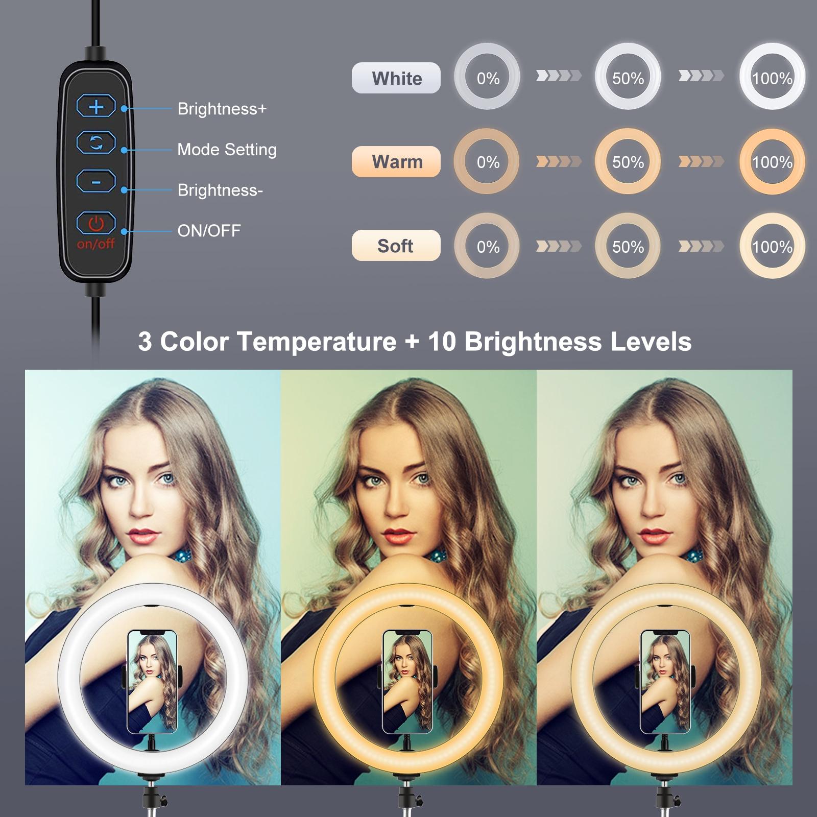 10.2 Led Ring Light With Tripod & Dual Phone Brackets - Usb Dimmable Dual Colour Temperature Selfie Remote - Black-1922443471784906759