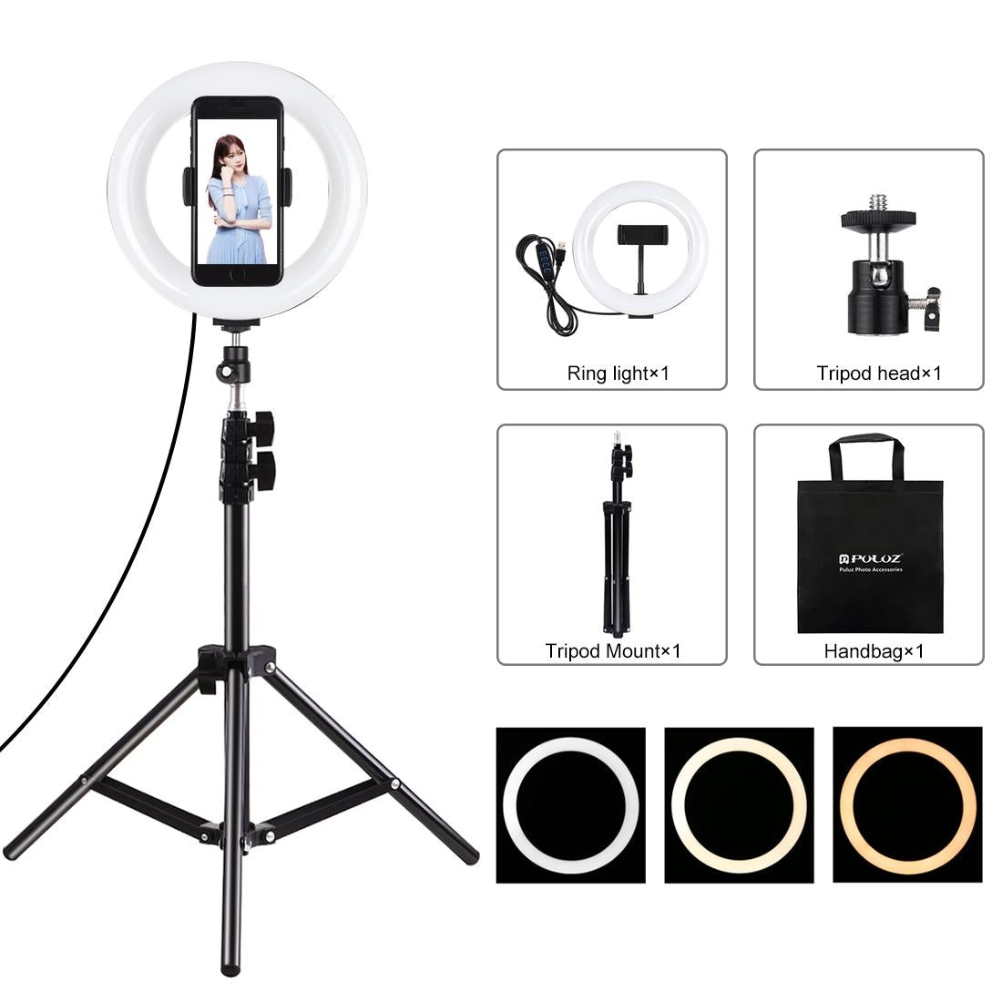 7.9 Led Ring Light With Tripod And Phone Clamp - 3 Modes Dual Colour Temperature Dimmable - Black-1915196787849826304