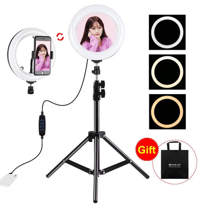 7.9 Mirror Light With Tripod & Usb 3 Modes Dual Colour Curved Ring Light For Vlogging Selfie Photography Video Phone Clamp - Black-1915196803599437824