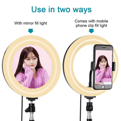 7.9 Mirror Light With Tripod & Usb 3 Modes Dual Colour Curved Ring Light For Vlogging Selfie Photography Video Phone Clamp - Black-1915196803599437830