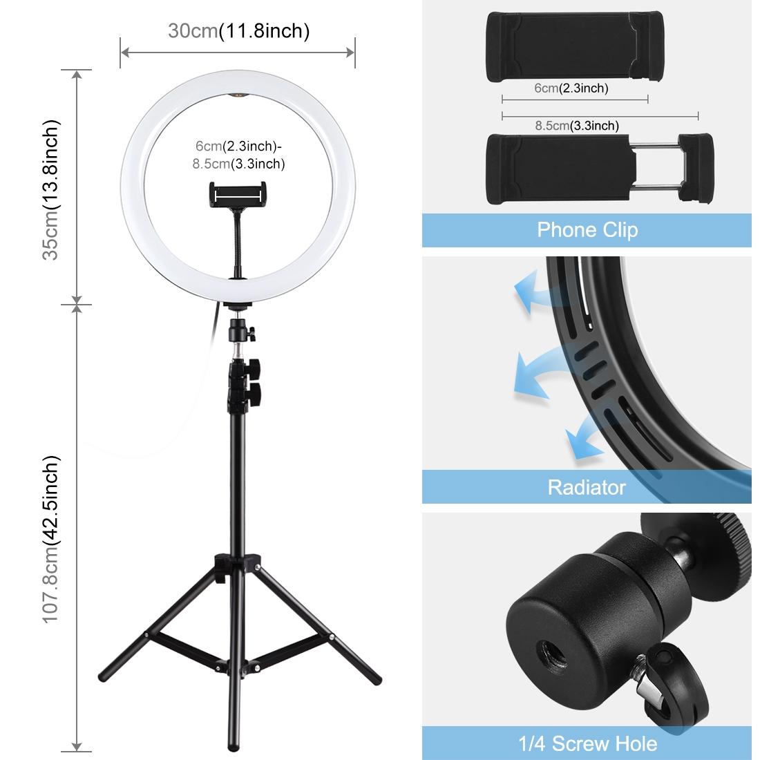 11.8 Led Ring Light With Tripod And Phone Clamp - 3 Modes Dual Colour Temperature Curved Surface - Black-1915196495787855875