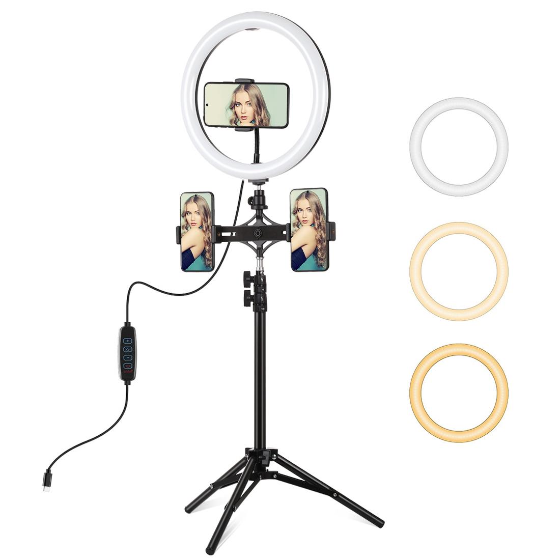 11.8 Led Ring Light Kit With Tripod & Dual Phone Brackets - 3 Modes Dual Colour Temperature Curved Surface Type-C - Black-1915196511776542720