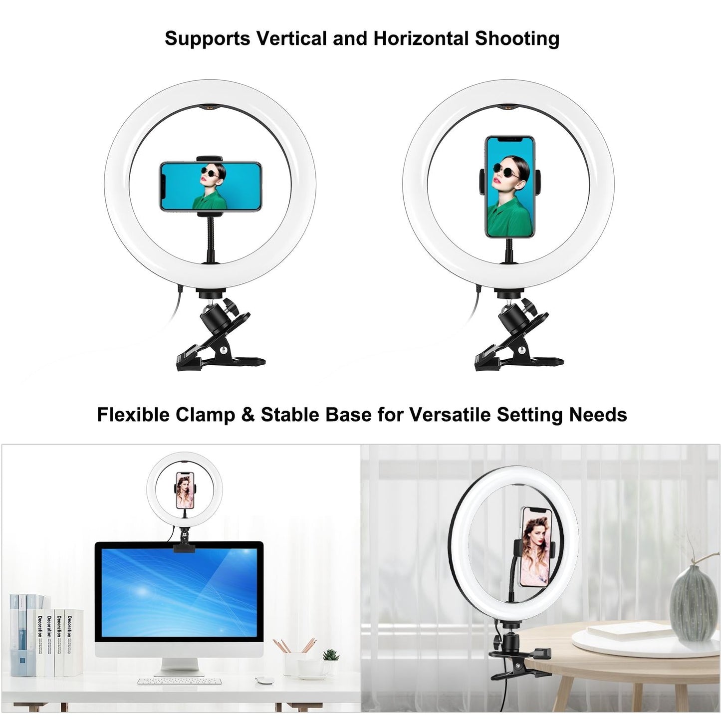 10.2 Ring Light With Monitor Clip & Usb 3 Modes Dual Colour Temperature Dimmable Curved Diffuse Vlogging Selfie Beauty Photography Video Lights Phone Clamp - Black-1915196778140012551