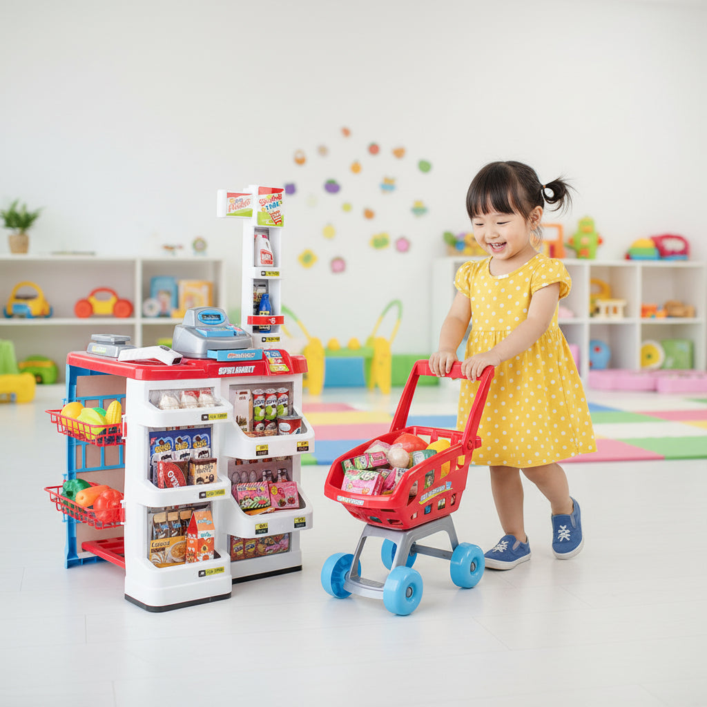 Toy supermarket set with a cash register, shelves, and a shopping cart on a white background