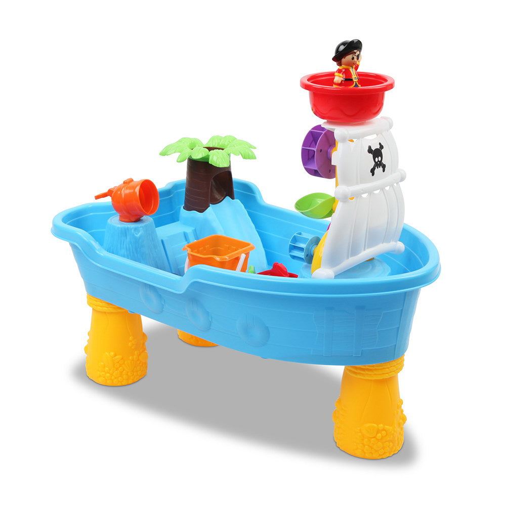 Toy pirate ship with a blue base, yellow legs, and a red bucket on top.