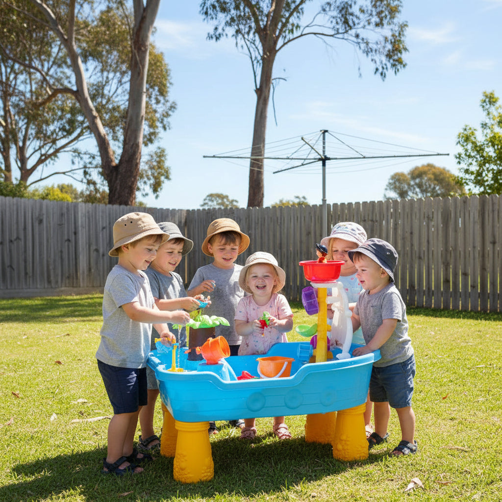 Toy pirate ship with a blue base, yellow legs, and a red bucket on top.