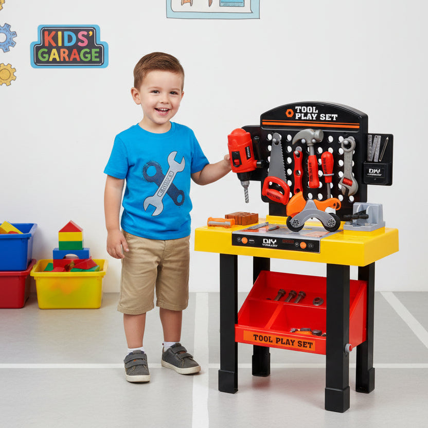 Toy tool bench set with tools and workbench on a white background