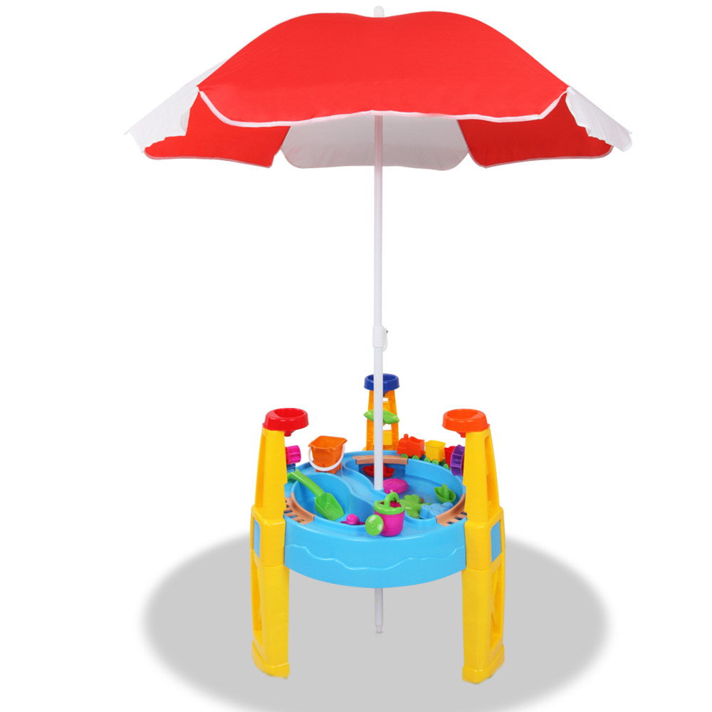Kids Sandpit Pretend Play Set - Sand Water Table with Umbrella (Blue)