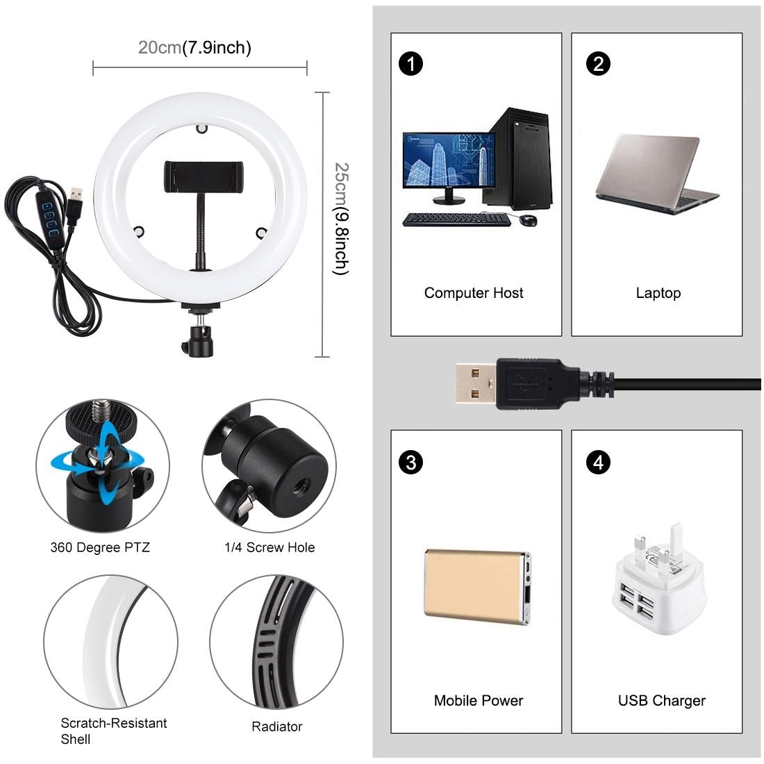 7.9 Usb 3 Modes Dimmable Dual Colour Led Ring Light With Mirror For Vlogging And Photography - Black-1915196712578846725