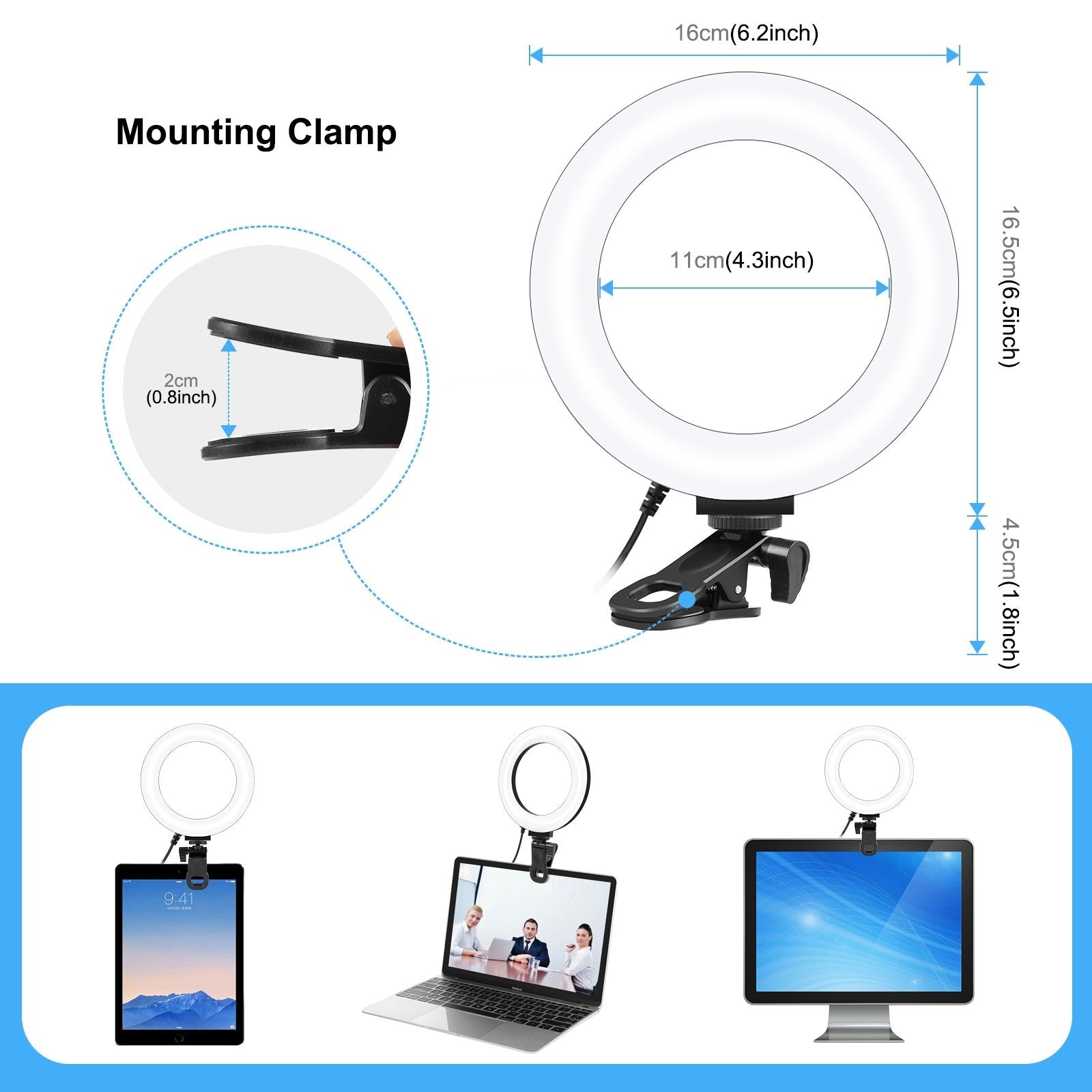 6.2 Dual-Colour Ring Light With Usb 3 Modes Monitor Clip - Black-1915196491669049345