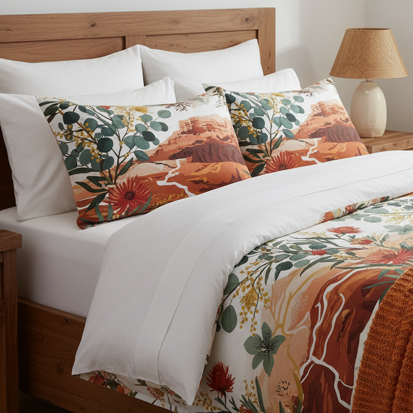 Bed with floral bedding and pillows in a bright bedroom